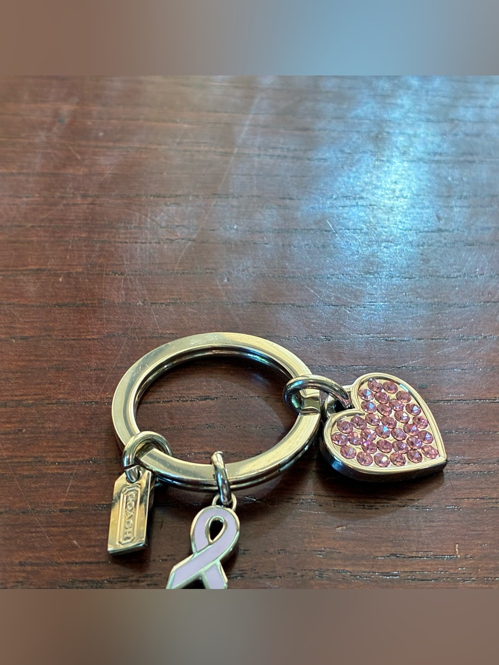 Coach Breast Cancer Crystal Heart Keyring with Ribbon Charm